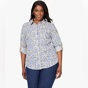 Foxcroft non iron Zoey blue & pale yellow willow print shirt roll up tab size 12